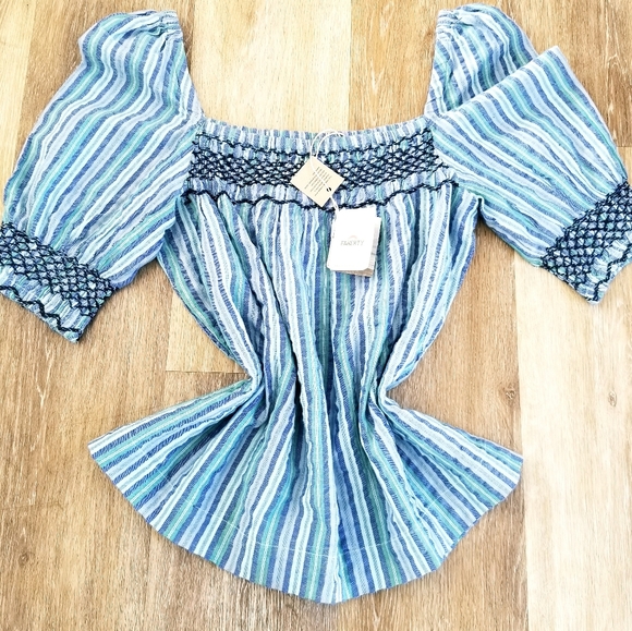 Faherty Presley Top Blue Coast Stripe Babydoll Square Neck Boho Smocked Organic - Picture 11 of 14